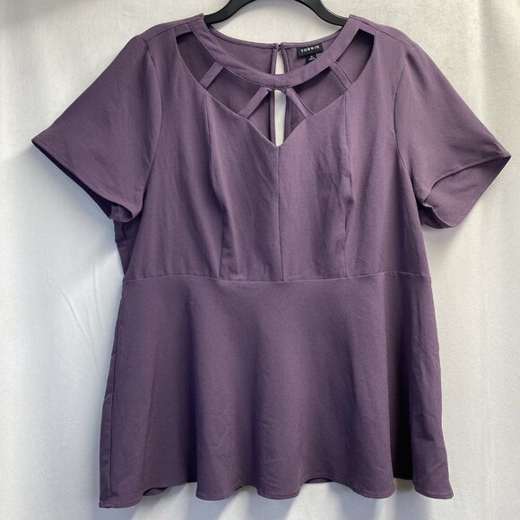 TORRID Cris Cross Crew-Neck Short Cap Sleeve Peplum Blouse Women Sz 0 Purple - Picture 1 of 16